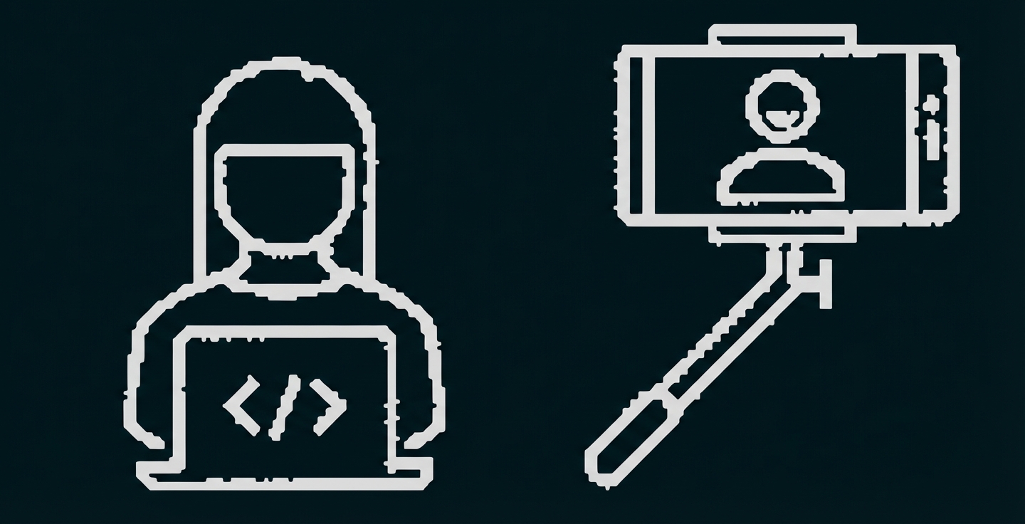 Icons: Person mit Laptop (Code) links und Smartphone auf Selfie-Stick mit Profilbild rechts